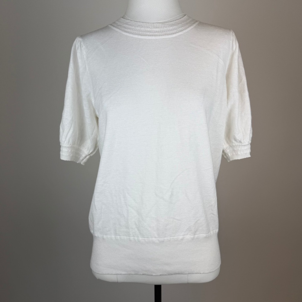 NWT Tahari Cashmere Blend Short Puff Sleeve Sweater Opal White Womens Sz Medium